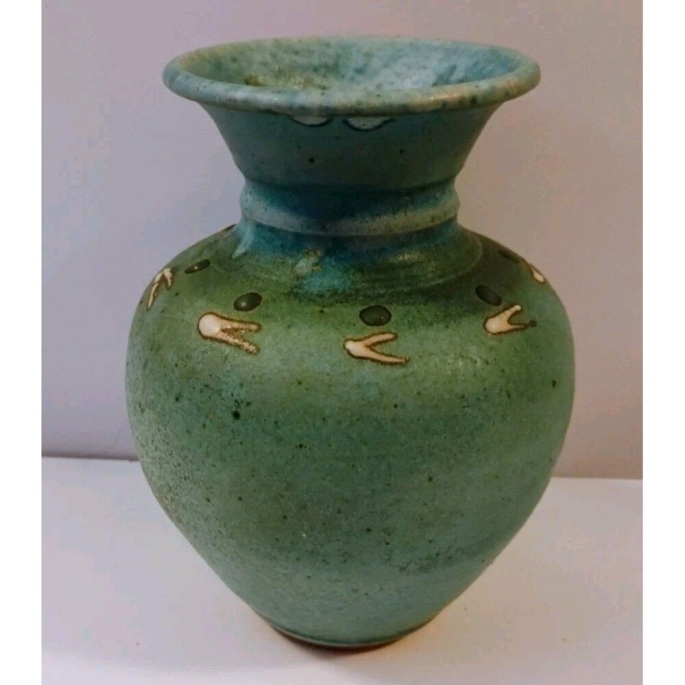 Vintage Hand Thrown Studio Art Pottery Vase Teal Blue Green Signed 6"